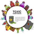 Toxic substances round pattern vector illustration. Different containers for liquids and poisonous chemicals oil