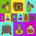 Toxic substances round pattern vector illustration. Different containers for liquids and poisonous chemicals oil