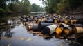 Toxic waste barrels stacked near a polluted water source Royalty Free Stock Photo