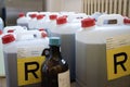 Toxic waste in jerry cans in the chemistry laboratory. Royalty Free Stock Photo