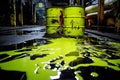 Toxic Waste Spill: Corroded Barrel Unleashes Vibrant Neon Green Liquid Royalty Free Stock Photo