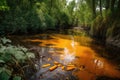 toxic waste spill in a natural setting, with dead fish and vegetation visible Royalty Free Stock Photo