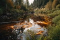 toxic waste spill in a natural setting, with dead fish and vegetation visible Royalty Free Stock Photo