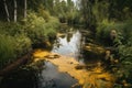 toxic waste spill in a natural setting, with dead fish and vegetation visible Royalty Free Stock Photo