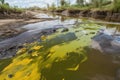 toxic waste spill in river, with dead fish and algae visible Royalty Free Stock Photo