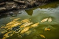 toxic waste spill in river, with dead fish and algae visible Royalty Free Stock Photo