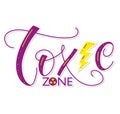 Toxic zone, colored lettering with lightning and danger sign. Multicolored text isolated on white background, vector Royalty Free Stock Photo