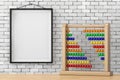 Toy Abacus with Rainbow Colored Beads in front of Brick Wall with Blank Frame. 3d Rendering Royalty Free Stock Photo