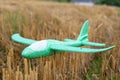 Toy airplane,baby toy airplane with Styrofoam on a beveled wheat field Royalty Free Stock Photo