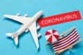 Toy airplane, tag with the inscription and beach items. Coronavirus concept