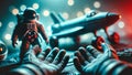 Toy astronaut space gloves at the edge of the frame,brightly blurred toy spaceship Royalty Free Stock Photo