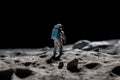 The toy of the astronaut stands on the moon\'s surface