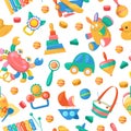 Toy collection for babies seamless pattern vector illustration. Cute objects for small children to play with, wooden and Royalty Free Stock Photo