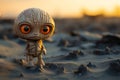 a toy baby groot standing in the sand