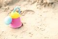 Toy beach pot for play sand on beach sand in summer concept