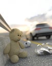 Toy bear left behind on road 3d render