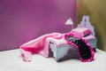 toy bed and torch lamp with real size sleeping mask Royalty Free Stock Photo