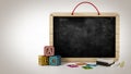 Toy blackboard, education cubes, two chalks and eraser. 3D illustration Royalty Free Stock Photo