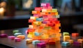 Toy block stack childhood fun, education, vibrant colors, learning, architecture generated by AI