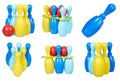 Toy bowling for fun game, plastic skittle and ball, set and collection