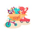 Toy Box, full of children s toys including fox, Ball, car, rocket, dinosaur, bicycle. Vector illustration cartoon.