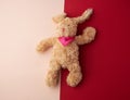 Toy brown plush hare lies on a pink background