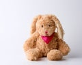 Toy brown plush hare sitting on a white background