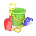 Toy bucket, rake and spade. 3D Royalty Free Stock Photo