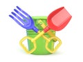 Toy bucket, rake and spade. 3D Royalty Free Stock Photo