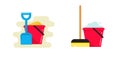 Toy bucket with sand and spade shovel vector icon or plastic pail with mop as cleaning floor service flat cartoon illustration