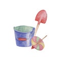Toy bucket, shovel and whirligig. Beach toys clipart, retro spinning top and sand play watercolor illustration for kids