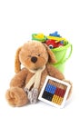 Toy bucket and toy bear Royalty Free Stock Photo