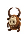 Toy bull made of felt isolate on a white background. Toy made of felted wool on a light backg. Cute soft bull figurine. Symbol of