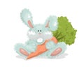 Toy bunny holds carrot. Cute fluffy rabbit. Vector illustration