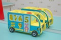 Toy bus, multicolor car wooden blocks, transport over sky background . wooden toy bus Royalty Free Stock Photo