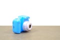 Toy camera isolated closeup view on white background with copy space Royalty Free Stock Photo