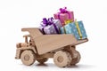Toy car with beautiful gift boxes in truck body. Royalty Free Stock Photo