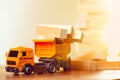 The toy car and building truck on wooden table Royalty Free Stock Photo