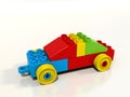 Toy car built from colorful blocks, lego style, single object Royalty Free Stock Photo