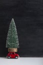 Toy car carries miniature Christmas tree. Delivery of Christmas trees. Vertical frame