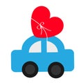 Toy car carrying red love heart shape icon with bow. Happy Valentines Day sign symbol. Delivering gift. Flat design. Greeting card Royalty Free Stock Photo