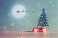 Toy Car with Christmas tree and gift box. Christmas landscape with gifts and snow. Merry christmas and happy new year greeting car Royalty Free Stock Photo