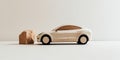 A toy car next to a rock on a white surface. Generative AI image. Royalty Free Stock Photo