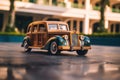 A toy car is parked in front of a building. Generative AI image. Royalty Free Stock Photo