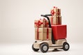 Toy car truck with gift boxes on a white background. Holydays delivery concept Royalty Free Stock Photo