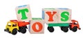 Toy car trucks isolated with wooden cubes Royalty Free Stock Photo