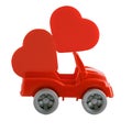 Toy car with two lucky red hearts isolated on white background