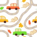 Toy cars on the road seamless pattern in flat cartoon style on white. Hand drawn kids nursery wallpaper print. Cute