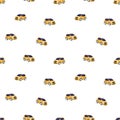 Toy cars, seamless pattern design. Repeating print, endless background with little tint automobiles, auto transport