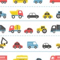 Toy Cars Seamless Pattern. Different toy cars: firefighters car, truck, taxi, bus, concrete mixer truck, garbage truck Royalty Free Stock Photo